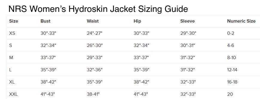 NRS Women's Hydroskin Jacket Sizing Guide