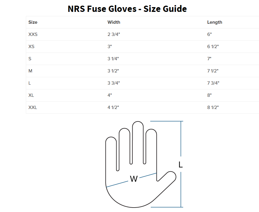 NRS Fuse Gloves Size Guide