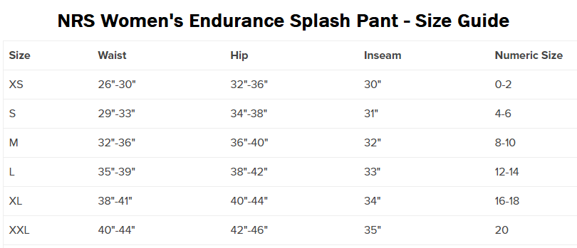 NRS Womens Endurance Splash Pant Size Guide