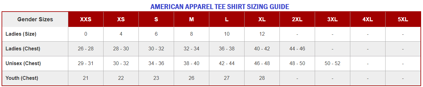 American Apparel Tee Shirt Sizing Guide