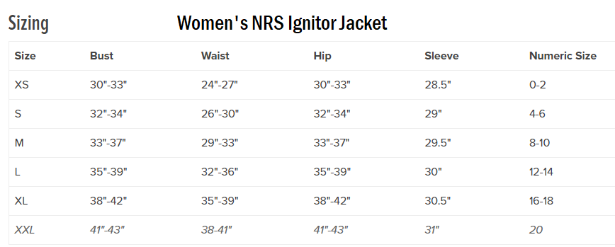 NRS Womens Ignitor Size Guide