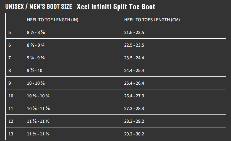 Xcel Split Toe Boot Sizing